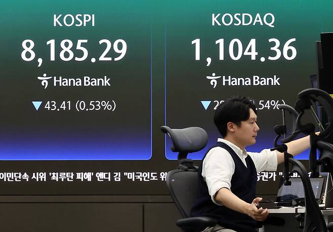 코스피가 전 거래일 대비 43.41포인트(0.53%) 내린 8,185.29에 장을 마감한 28일 서울 하나은행 본점 딜링룸에서 딜러가 업무를 보고 있다. 코스닥 지수는 전장보다 28.77포인트(2.54%) 내린 1,104.36으로 마감했다. 연합뉴스