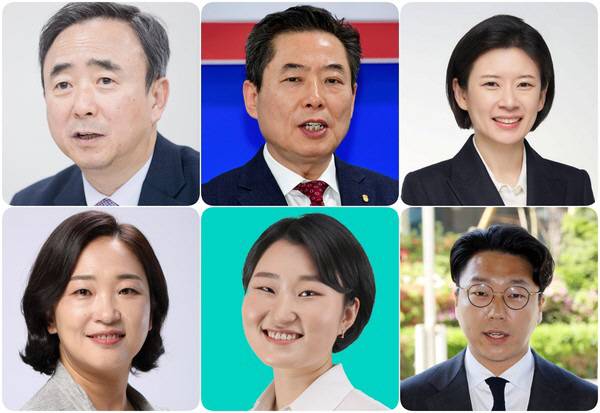 6·3지방선거 광주 광산을 국회의원 보궐선거 후보들.윗줄 왼쪽부터 더불어민주당 임문영, 국민의힘 안태욱, 조국혁신당 배수진, 아랫줄 왼쪽부터 진보당 전주연, 기본소득당 신지혜, 무소속 구본기 후보. /뉴시스 제공