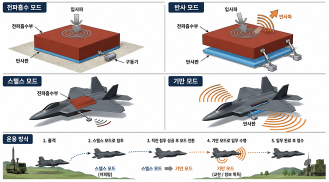 ▲저피탐·기만 능동 전환 항공기 구조 시각화. 자료=지식재산처 제공, 챗GPT 재구성