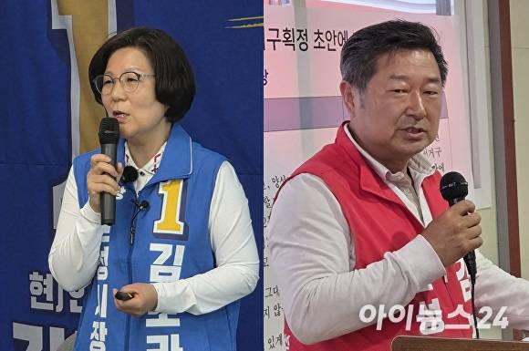 (왼쪽부터) 더불어민주당 김보라 안성시장 후보, 국민의힘 김장연 안성시장 후보. [사진=임정규 기자]