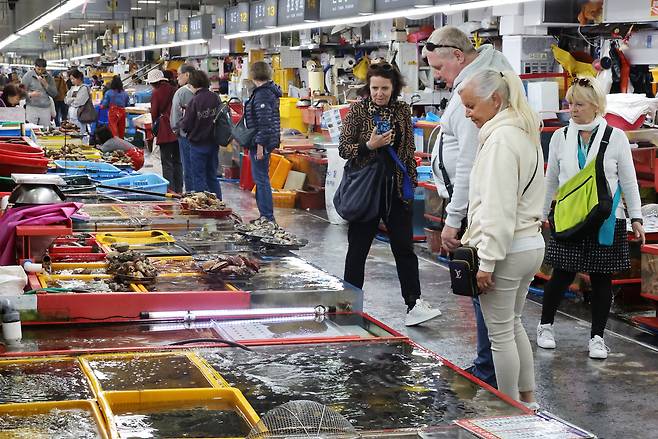 Foreign tourists browse fresh seafood at Jagalchi Market in Jung District, Busan, on April 8. [JOONGAINGILBO]