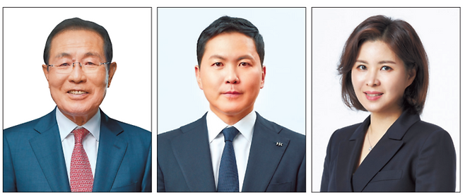 윤동한(왼쪽부터) 한국콜마 회장, 윤상현 콜마홀딩스 부회장, 윤여원 콜마비앤에이치 전 대표 [한국콜마]