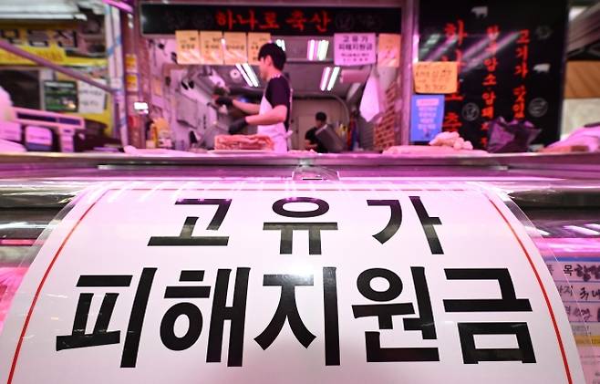 소득 하위 70% 2차 고유가 피해 지원금 신청이 시작된 지난 18일 서울 마포구 망원시장에 피해지원금 사용 안내문이 붙어 있다. 2026.5.18 도준석 전문기자