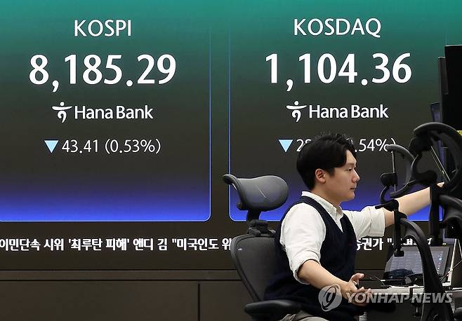 코스피는 28일 전 거래일 대비 43.41포인트(0.53%) 내린 8185.29에 장을 마감했다.  이날 서울 하나은행 본점 딜링룸에서 딜러가 업무를 보고 있다. 연합뉴스
