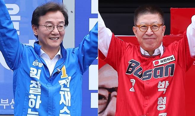 민주당 전재수(왼쪽) 부산시장 후보와 박형준 국민의힘 후보. 연합뉴스