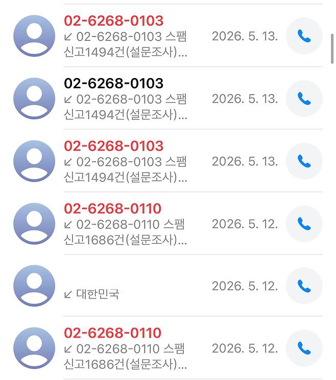 여론조사 전화가 수차례 걸려온 모습. 사진 독자