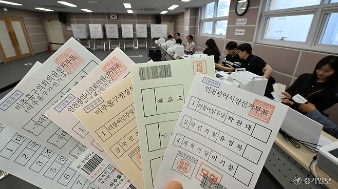 6·3 전국동시지방선거 사전투표를 하루 앞둔 28일 인천 미추홀구 도화2·3동사전투표소에서 사전투표종사원들이 사전투표 최종모의시험을 하고 있다.조병석기자