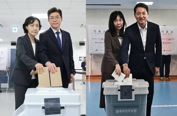 제9회 전국동시지방선거 사전투표 첫 날인 29일 오전 정원오 더불어민주당 서울시장 후보, 배우자 문혜정 씨(좌)와 국민의힘 오세훈 서울시장 후보, 배우자 송현옥 씨(우)가서울 중구 소공동행정복합청사에 마련된 사전투표소와 용산구 한남동 주민센터에 마련된 사전투표소서 사전투표를 하고 있다. 연합뉴스