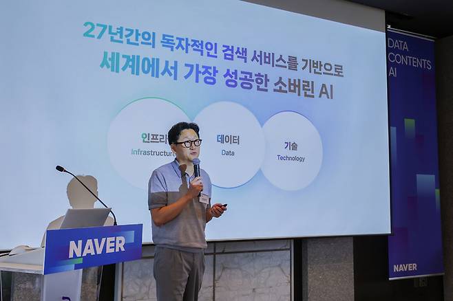 김광현 네이버 최고데이터콘텐츠책임자(CDO)가 28일 서울 중구 더플라자호텔에서 미디어 라운드 테이블을 열고 인공지능(AI) 경쟁력 강화 계획을 발표하고 있다. [네이버]