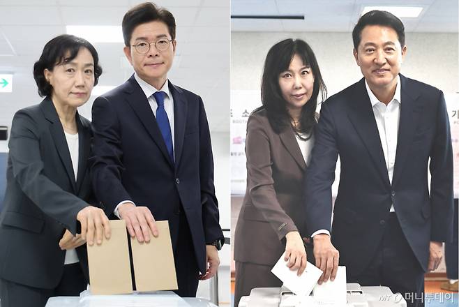 [서울=뉴시스] 황준선 김혜진 기자 = 정원오(왼쪽) 더불어민주당 서울시장 후보 내외와 오세훈 국민의힘 서울시장 후보 내외가 29일 서울 중구 소공동행정복합청사에 마련된 사전투표소와 용산구 한남동 주민센터에 마련된 사전투표소에서 각각 소중한 한표를 행사하고 있다. (사진=뉴시스DB) 2026.05.29. photo@newsis.com /사진=