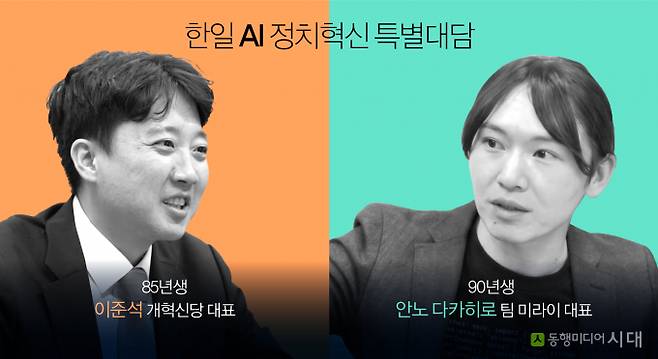 이준석 개혁신당 대표와 안노 다카히로(安野貴博) 팀 미라이 대표가 지난 25일 오후 3시 일본 도쿄도 치요다구 나가타초 참의원 의원회관에서 동행미디어 시대 주최로 열린 '한일 AI 정치혁신 특별대담'에서 발언하고 있는 모습. / 그래픽=신재민 편집위원