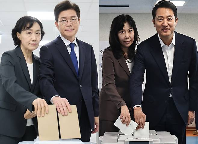 6·3 지방선거 사전투표일인 5월29일, 정원오 더불어민주당 서울시장 후보와 문혜정 여사(왼쪽 사진)가 서울 중구 소공동 행정복합청사 사전투표소에서 투표하고 있다. 오른쪽은 같은 날 오세훈 국민의힘 서울시장 후보와 송현옥 여사가 서울 용산구 한남동 주민센터 사전투표소에서 투표하는 모습이다. ⓒ연합뉴스