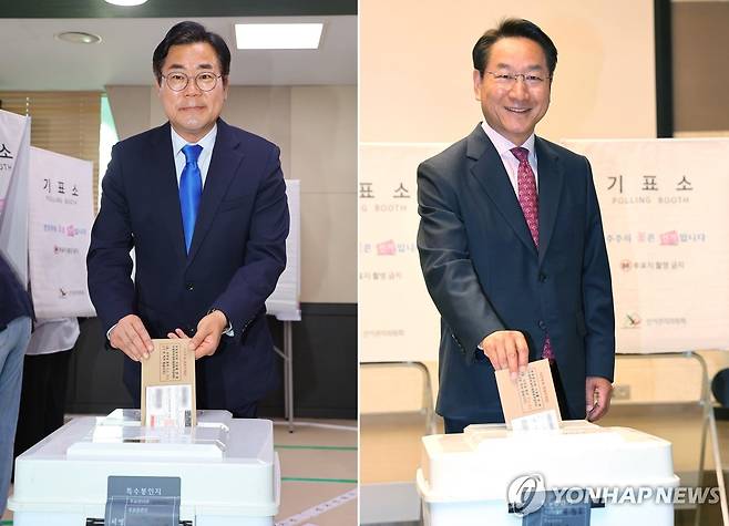 사전투표 하는 박찬대·유정복 후보 (인천=연합뉴스) 임순석 기자 = 6·3 지방선거 사전투표 첫날인 29일 인천시장 선거에 출마한 더불어민주당 박찬대 후보(왼쪽)와 국민의힘 유정복 후보가 각각 송도2동 행정복지센터와 주안동 문화창작지대에 마련된 사전투표소에서 투표하고 있다. 2026.5.29 soonseok02@yna.co.kr