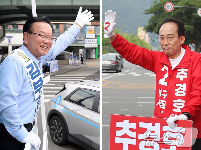 김부겸 더불어민주당 대구시장 후보(왼쪽)가 26일 오전 대구 달서구 상인네거리에서 출근길 시민들을 향해 인사하고 있다. 추경호 국민의힘 대구시장 후보는 같은 날 오전 수성구 두산오거리에서 출근길 시민들을 향해 인사를 하고 있다. 2026.5.26 ⓒ 뉴스1 공정식 기자