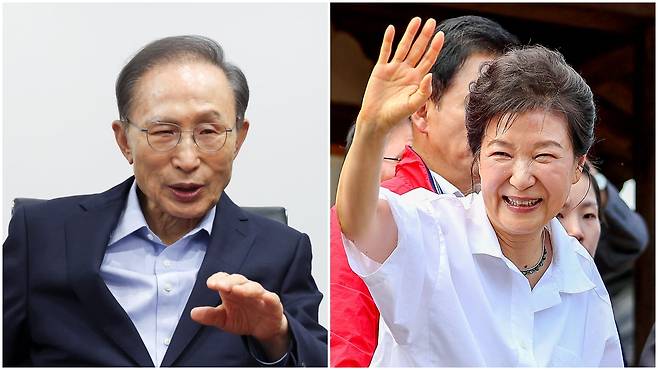 지난 18일 양향자 국민의힘 경기지사 후보를 만난 이명박 대통령(왼쪽), 오른쪽은 29일 경북 문경을 찾아 시민들과 인사하고 있다. /뉴스1, 뉴시스