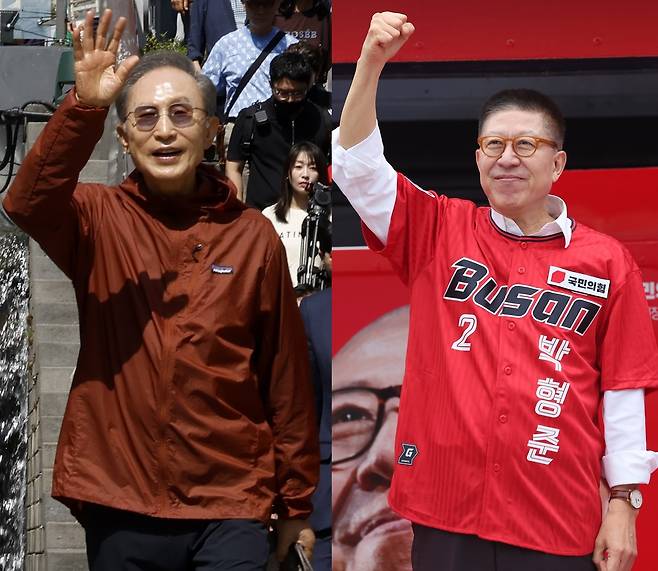 이명박 전 대통령과 박형준 부산시장 후보. [뉴시스]