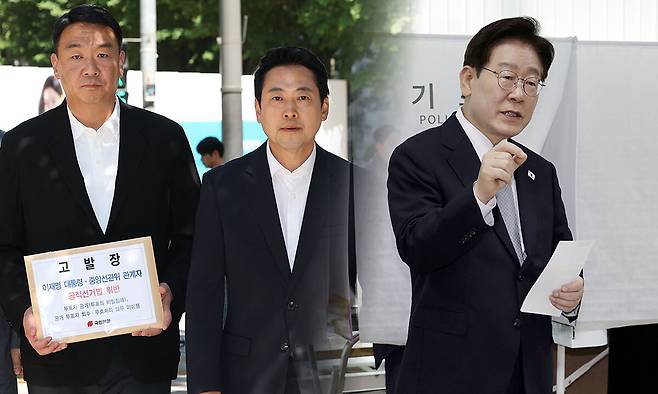 국민의힘 장동혁 상임선거대책위원장이 30일 이재명 대통령에 대해 ''공직선거법상 투표의 비밀침해죄'' 혐의로 고발장을 제출하기 위해 서울 종로구 서울경찰청을 방문하고 있다. 오른쪽은 이재명 대통령이 지난 29일 서울 종로구 삼청동 주민센터에서 사전 투표 중 기표 도장 관련 문의를 하는 모습. 연합뉴스·청와대통신사진기자단