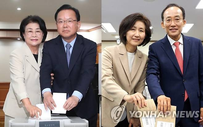 사전투표하는 대구시장 후보들 (대구=연합뉴스) 김현태 박세진 기자 = 29일 오전 대구 수성구 고산2동 행정복지센터에 마련된 사전투표소에서 투표하는 더불어민주당 김부겸 대구시장 후보(왼쪽)·배우자 이유미 씨와 대구 수성구의회에 차려진 범어1동 사전투표소를 찾아 투표하는 국민의힘 추경호 대구시장 후보·배우자 김희경 씨. [촬영 김현태 박세진] 2026.5.29 mtkht@yna.co.kr psjpsj@yna.co.kr