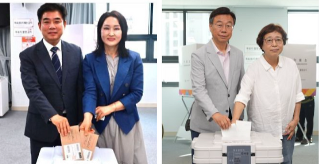 ▲ 성남시장 더불어민주당(기호 1번) 김병욱 후보 부부와 국민의힘(기호 2번) 신상진 후보 부부가 사전투표 첫날(지난 29일) 주권을 행사하고 있다. /사진제공=두 후보 캠프