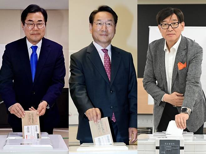 ▲&nbsp;6·3 지방선거 사전투표 첫날인 지난 29일 오전 여야 인천시장 후보들이 사전투표소에서 소중한 한 표를 행사하고 있다. (왼쪽부터) 더불어민주당 박찬대 후보, 국민의힘 유정복 후보, 개혁신당 이기붕 후보. /이재민 기자 leejm@incheonilbo.com