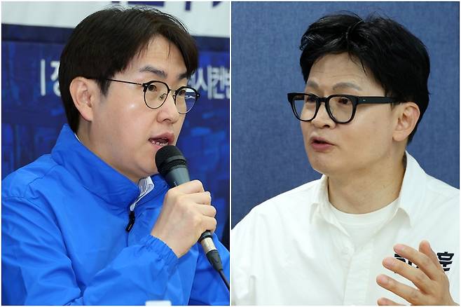 부산 북갑 후보인 더불어민주당 하정우 후보(왼쪽)와 무소속 한동훈 후보. 연합뉴스