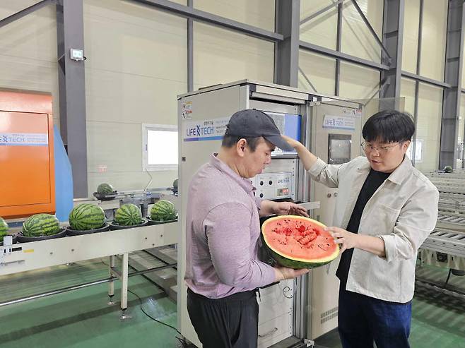박청규 쿠팡 로켓프레시 품질보증팀 매니저(오른쪽)가 협력사와 함께 AI 과일 선별기를 거친 수박을 교차 검증하고 있다. (사진=쿠팡)