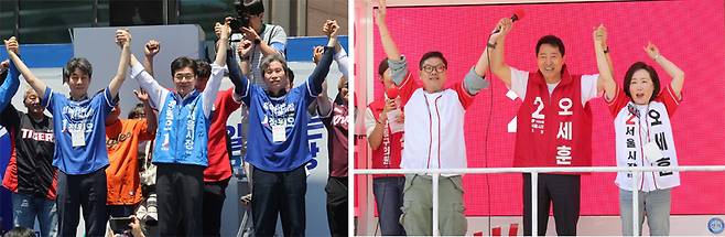 유세 재개한 鄭·吳… 지지 호소 안간힘 6·3 지방선거 기간 마지막 주말인 31일 더불어민주당 정원오 서울시장 후보(가운데)가 서울 구로구 고척스카이돔 인근에서 열린 유세에서 시민들에게 인사하고 있다. 오른쪽 사진은 국민의힘 오세훈 서울시장 후보(가운데)가 같은 날 강동구 암사역 인근 도로에서 지지를 호소하고 있는 모습.&nbsp; 연합뉴스·이재문 기자