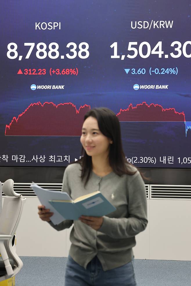 1일 서울 중구 우리은행 본점 딜링룸 현황판에 코스피가 표시돼 있다.    이날 코스피는 전 거래일 대비 312.23p(3.68%) 오른 8,788.38로 마감하며 다시 한번 사상 최고치를 경신했다. /연합뉴스