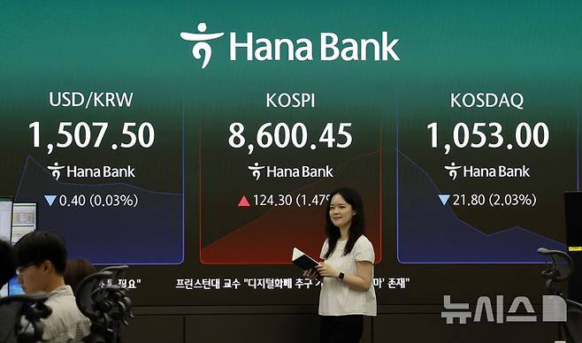 [서울=뉴시스] 김혜진 기자 = 1일 오전 서울 중구 하나은행 딜링룸 전광판에 지수가 표시 되고 있다. 2026.06.01. jini@newsis.com