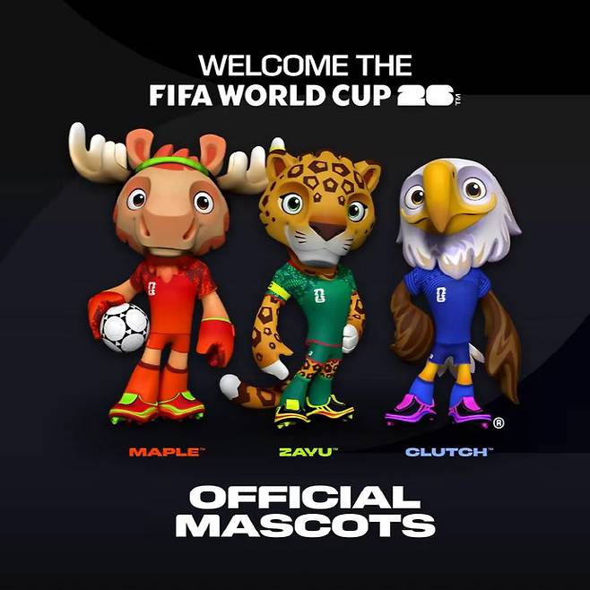 '2026 북중미 월드컵' 마스코트. 왼쪽부터 메이플(Maple), 자유(Zayu), 클러치(Clutch). /FIFA 홈페이지 캡처