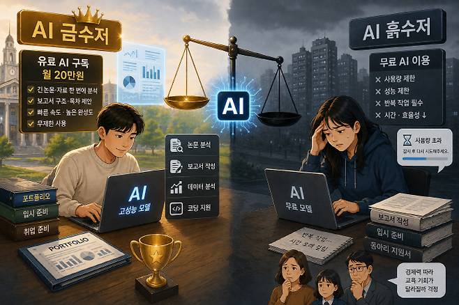 광주·전남 지역에서 생성형 인공지능 활용이 일상화되면서 유료 서비스 이용 여부에 따라 학업과 취업 경쟁력이 갈린다는 이른바 '생성형 AI 수저론'이 고개를 들고 있다. /챗GPT 생성 이미지.