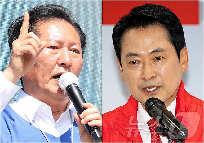 정청래 더불어민주당 대표(왼쪽)와 장동혁 국민의힘 대표가 25일 각각 전북 전주시 전북대학교 구정문 앞과 대구 수성구 국민의힘 대구시당에서 열린 대구·경북 공동 비전선포식에서 인사말을 하고 있다. 2026.5.25 ⓒ 뉴스1 유경석 기자,유승관 기자