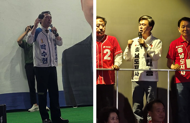 6·3 지방선거 충남지사 선거에 나선 (왼쪽부터) 더불어민주당 박수현 후보와 국민의힘 김태흠 후보가 2일 저녁 각각 천안 불당동 번영로와 신부동 신세계백화점 앞에서 열린 집중유세에서 시민들에게 지지를 호소하고 있다. 김정규·박하늘 기자