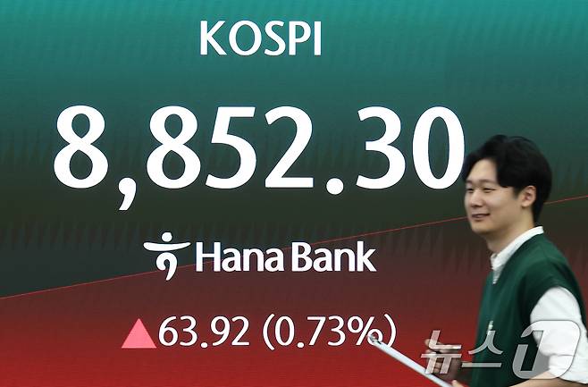 코스피가 전 거래일(8788.38)보다 94.81포인트(1.08%) 상승한 8883.19에 출발한 2일 오전 서울 중구 하나은행 본점 딜링룸 전광판에 코스피 지수가 나오고 있다. 2026.6.2 ⓒ 뉴스1 김민지 기자