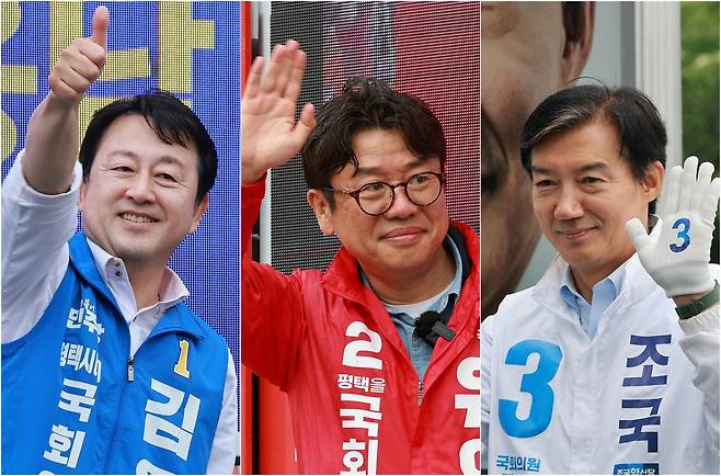 김용남 더불어민주당 경기평택을 국회의원 재선거 후보, 유의동 국민의힘 경기평택을 국회의원 재선거 후보, 조국 조국혁신당 경기평택을 국회의원 재선거 후보가 21일 경기도 평택시 안중시장 인근 및 KTX 경기남부역사 예정 부지 앞에서 각각 공식선거운동 출정식을 갖고 있다. 2026.5.21 ⓒ 뉴스1
