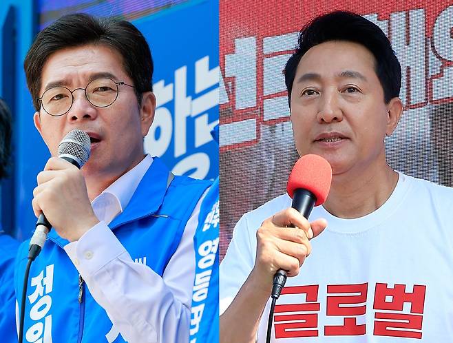 정원오 더불어민주당(왼쪽), 오세훈 국민의힘 서울시장 후보가 6·3지방선거를 하루 앞둔 2일 각각 서울 영등포구, 용산구 일대에서 시민들에게 지지를 호소하고 있다. 뉴스1