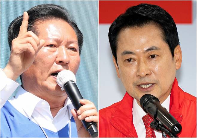 정청래 더불어민주당 대표(왼쪽)와 장동혁 국민의힘 대표(오른쪽)가 지난달 25일 각각 전북 전주시 전북대학교 구정문 앞과 대구 수성구 국민의힘 대구시당에서 열린 대구·경북 공동 비전선포식에서 인사말을 하고 있다. /사진=뉴스1