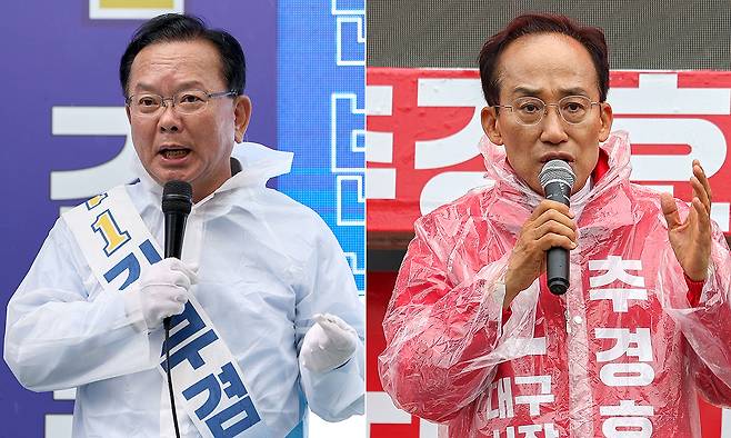 더불어민주당 김부겸 대구시장 후보(왼쪽)가 2일 대구 수성구 수성동4가 아파트단지 일대에서, 국민의힘 추경호 대구시장 후보가 대구 북구 경북대학교 북문 앞에서 각각 유세를 하며 지지를 호소하고 있다. 뉴시스