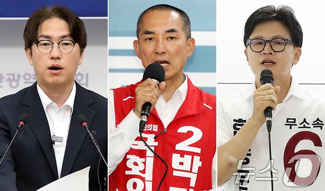 부산 북구갑 국회의원 후보들이 지난 1일 기자회견을 열고 지지를 호소하고 있다. 이날 부산시의회 브리핑룸에서 기자회견하는 하정우 더불어민주당 후보(왼쪽부터), 북구 선거사무소에서 기자회견하는 박민식 국민의힘 후보, 북구 선거사무소에서 기자회견하는 한동훈 무소속 후보. 뉴스1