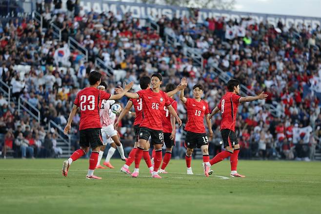 축구국가대표팀 선수들이 5월 31일(한국시간) 트리니다드토바고전서 득점한 뒤 기뻐하고 있다. 사진제공|대한축구협회