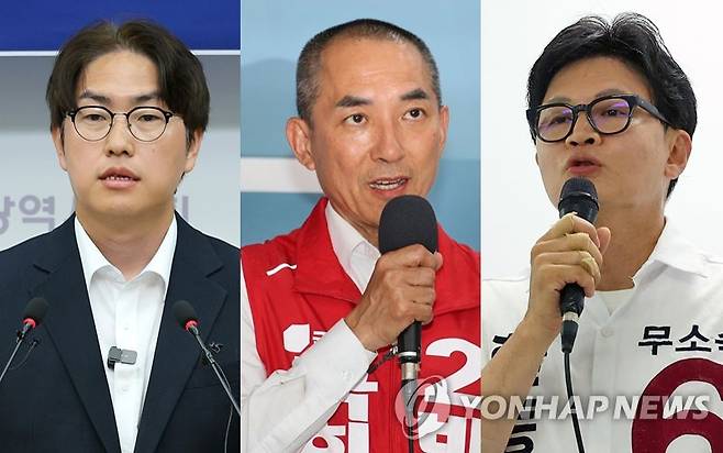 6·3 선거 D-2, 기자회견 갖는 부산 북갑 후보들 (부산=연합뉴스) 손형주 기자 = 부산 북갑 국회의원 보궐선거에 출마한 더불어민주당 하정우 후보, 국민의힘 박민식 후보, 무소속 한동훈 후보가 1일 부산 연제구 부산시의회와 선거사무소에서 기자회견을 갖고 있다. 2026.6.1 handbrother@yna.co.kr