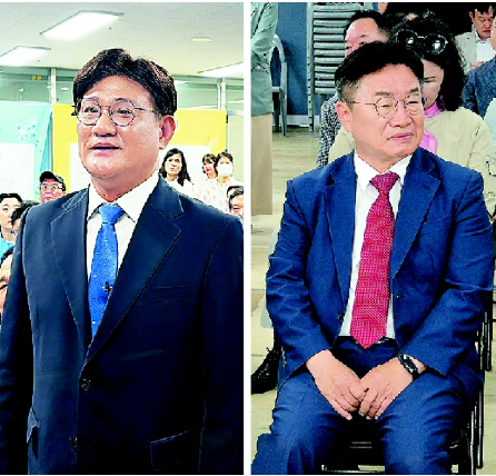 3일 송영기(왼쪽)·권순기 경남교육감 후보가 선거사무소에서 개표 방송을 지켜보고 있다.