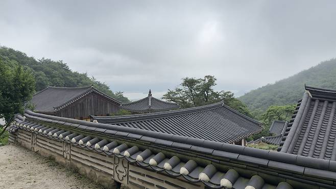 A sea emerges beyond tiled rooftops of Buddhist temples in Baengneyonsa temple [WOO JI-WON]