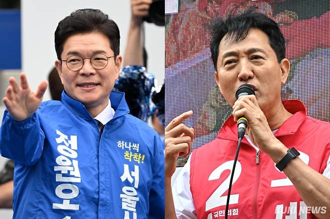 6·3 지방선거 서울시장에 출마 후 선거 유세를 펼친 정원오 더불어민주당 후보(왼쪽)와 오세훈 국민의힘 후보. 임은재·남동균 기자