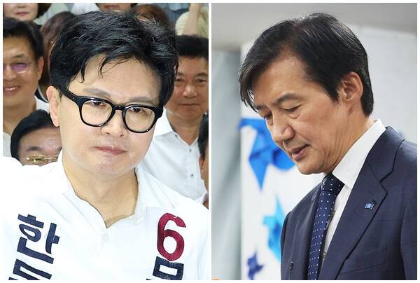 (사진 왼쪽)무소속 한동훈 부산 북갑 국회의원 보궐선거 후보가 4일 당선 소식에 주먹을 들어 보이고 있다. 경기 평택을 국회의원 재선거에 출마한 조국혁신당 조국 후보가 같은 날 경기도 평택시 선거사무소에서 선거 패배를 인정하는 모습. 연합뉴스