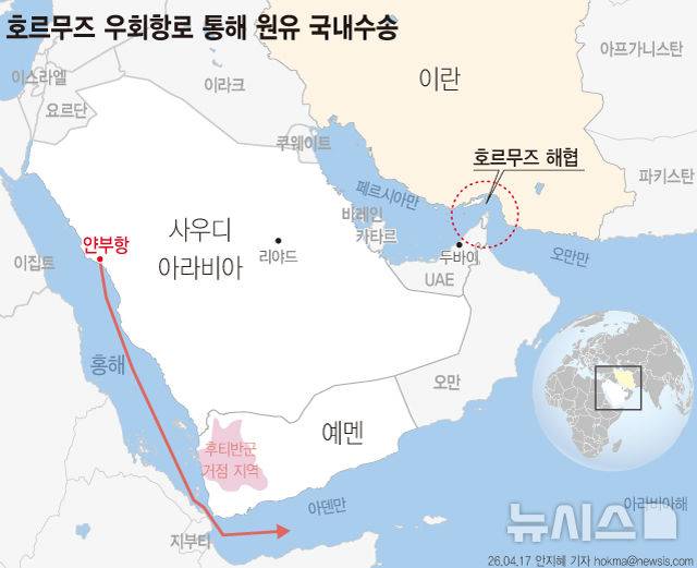 [서울=뉴시스] 호르무즈 해협을 통해 원유를 수출하는 걸프 국가들이 해협 봉쇄 장기화 가능성에 대비해 우회 송유관 건설 방안을 논의하고 있는 것으로 알려졌다. 호르무즈 인근 지도. 2026.06.04