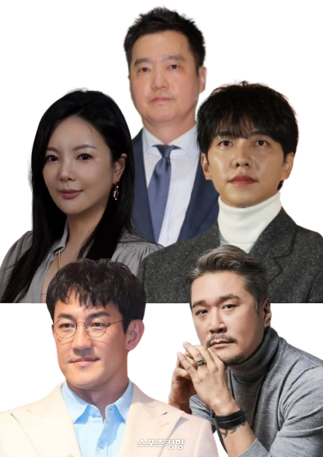 (위부터 시계방향으로)김세의·이승기·JK김동욱·한정수·차가원. 사진=연합뉴스,연합뉴스,경향신문DB, 연합뉴스, 원헌드레드 제공.