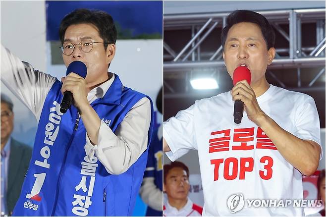 마지막 유세 나선 서울시장 후보들 (서울=연합뉴스) 신현우 박동주 기자 = 6·3 지방선거를 하루 앞둔 2일 서울 청계광장에서 마지막 유세를 하며 연설하고 있는 더불어민주당 정원오 후보(왼쪽)와 서울 서대문구 신촌역 스타광장에서 열린 파이널 유세에서 지지를 호소하고 있는 국민의힘 오세훈 후보. 2026.6.2 [촬영 신현우 박동주] nowwego@yna.co.kr pdj6635@yna.co.kr