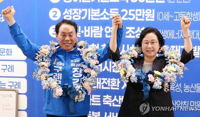 환호하는 장길선(왼쪽) 전남 구례군수 후보 [장길선 후보 캠프 제공]