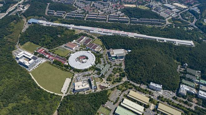 포항가속기연구소 전경. 사진에서 가운데 있는 둥근 구조물이 3세대 가속기, 위쪽 건물이 4세대 가속기다. 포항가속기연구소 제공